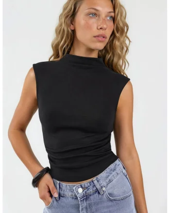 Top,  Slim Fit, fara maneci, negru, material tricotat