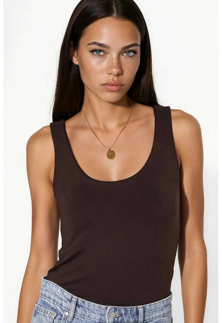 Top Cami  casual, regular fit, maro cafea, tricotat din poliamida si elastan,