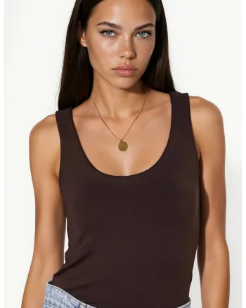 Top Cami  casual, regular fit, maro cafea, tricotat din poliamida si elastan,