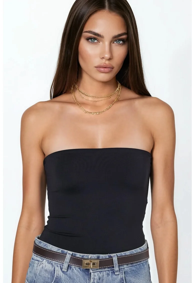 Top,  bandeau crop top, elegant, negru, tricotat