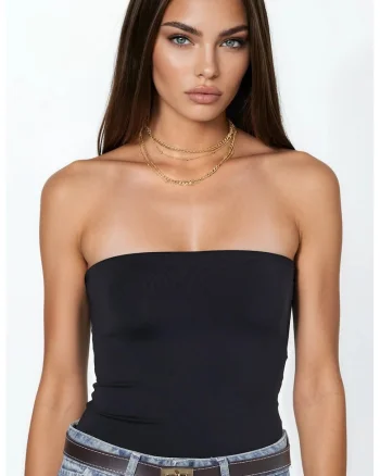 Top,  bandeau crop top, elegant, negru, tricotat