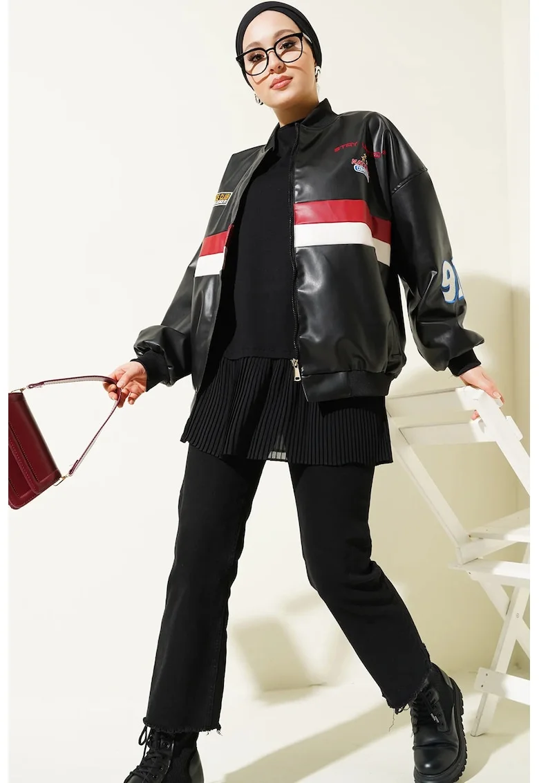 Geaca bomber supradimensionata,  piele ecologica, negru