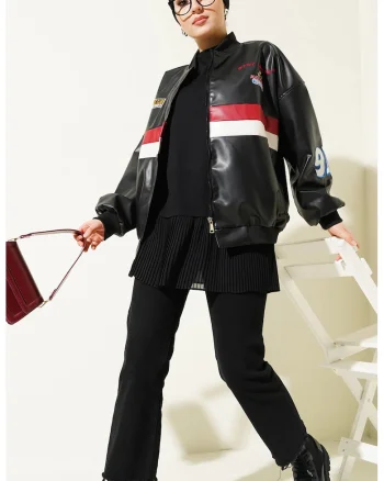 Geaca bomber supradimensionata,  piele ecologica, negru
