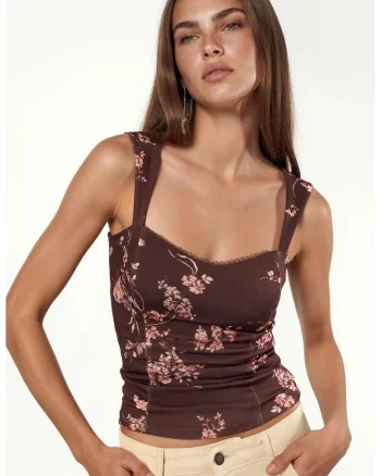 Top tricotat mulat  guler inima, casual, maro mocha, 95% poliester, 5% elastan