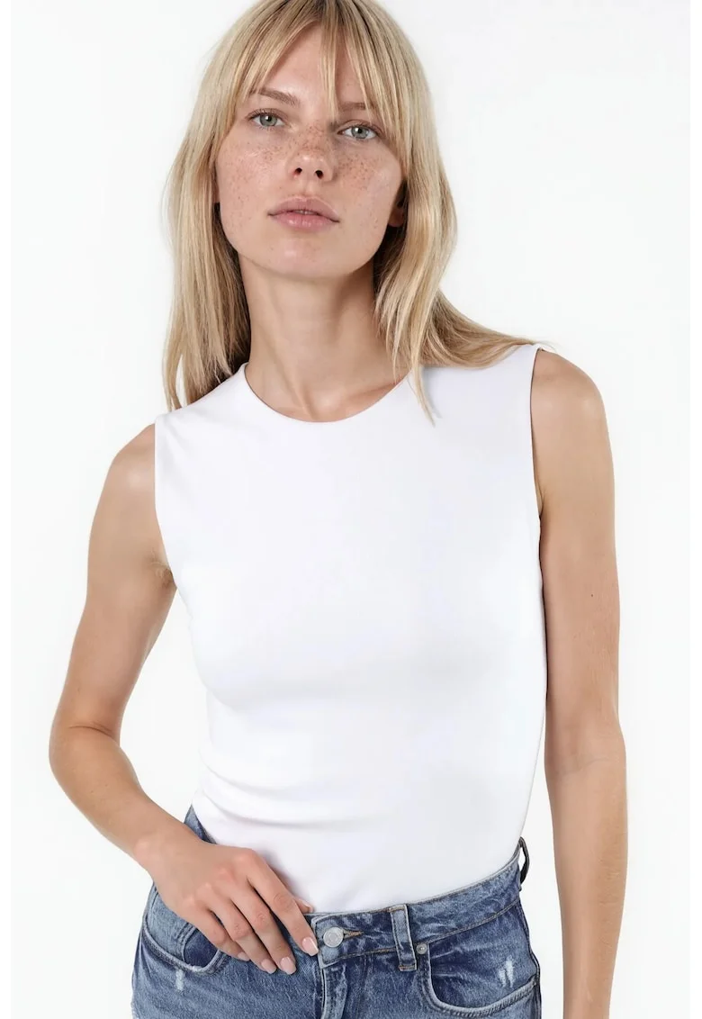 Top  fara maneci, alb, bumbac si elastan, casual, guler rotund