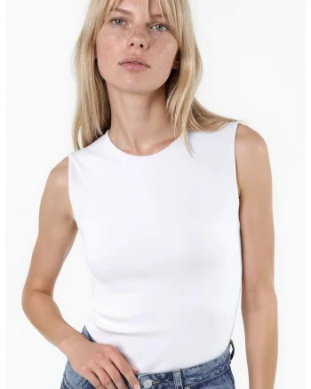Top  fara maneci, alb, bumbac si elastan, casual, guler rotund