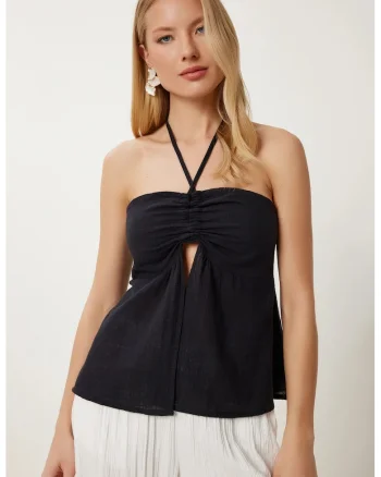 Maiou, Happiness Istanbul, regular fit, umeri goi, negru, bumbac