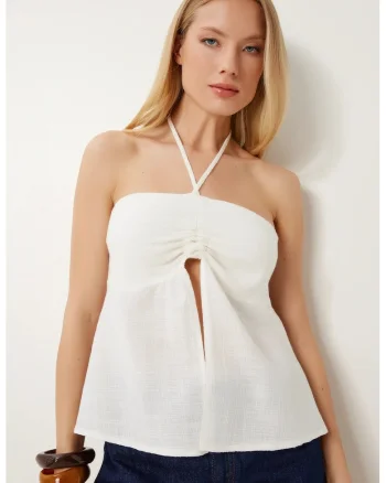 Maiou, Happiness Istanbul, halter, drapat, ivoire, bumbac