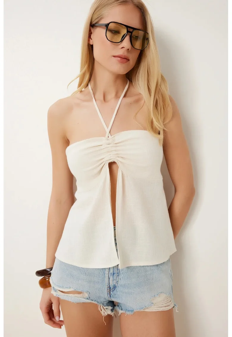 Maiou, Happiness Istanbul, bluza halter, drapaj, crem, bumbac
