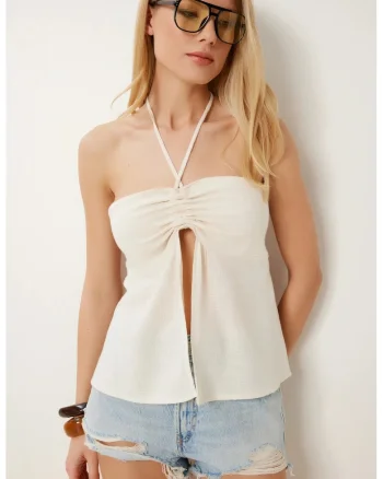 Maiou, Happiness Istanbul, bluza halter, drapaj, crem, bumbac