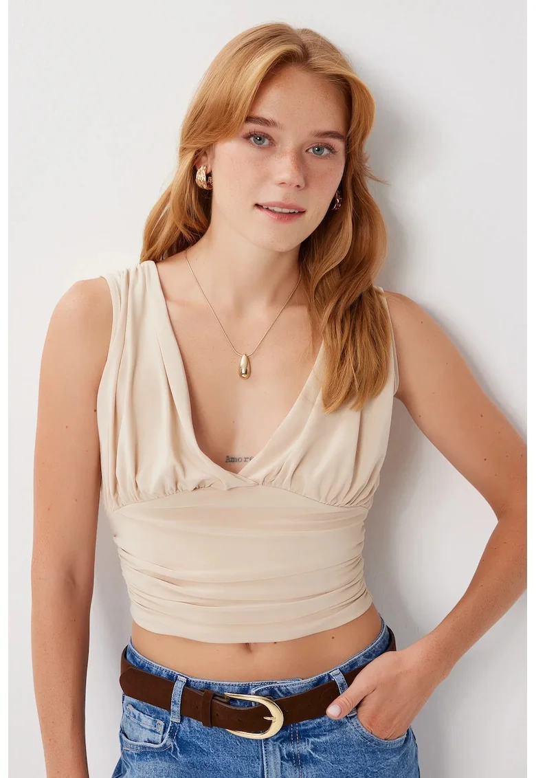 Bluza crop, Happiness Istanbul, fara maneci, decolteu in V, drapaj, maro mocha, poliester