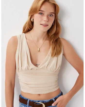 Bluza crop, Happiness Istanbul, fara maneci, decolteu in V, drapaj, maro mocha, poliester