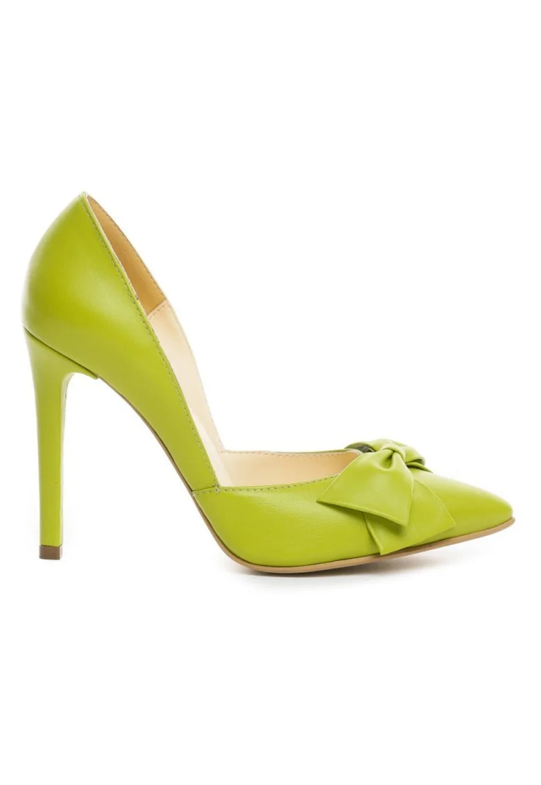 Pantofi stiletto piele naturala Verde Lime cu funda