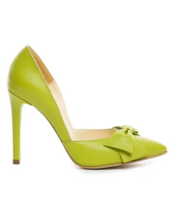 Pantofi stiletto piele naturala Verde Lime cu funda
