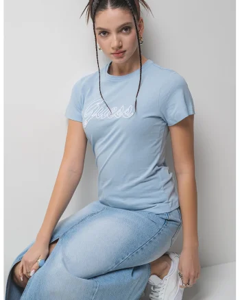 Tricou din bumbac cu decolteu la baza gatului, Albastru deschis