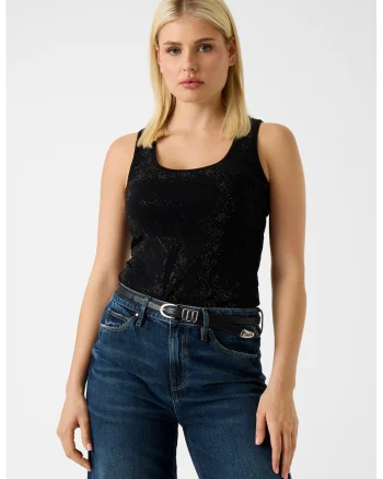 Top slim-fit cu model monograma, Negru/Argintiu