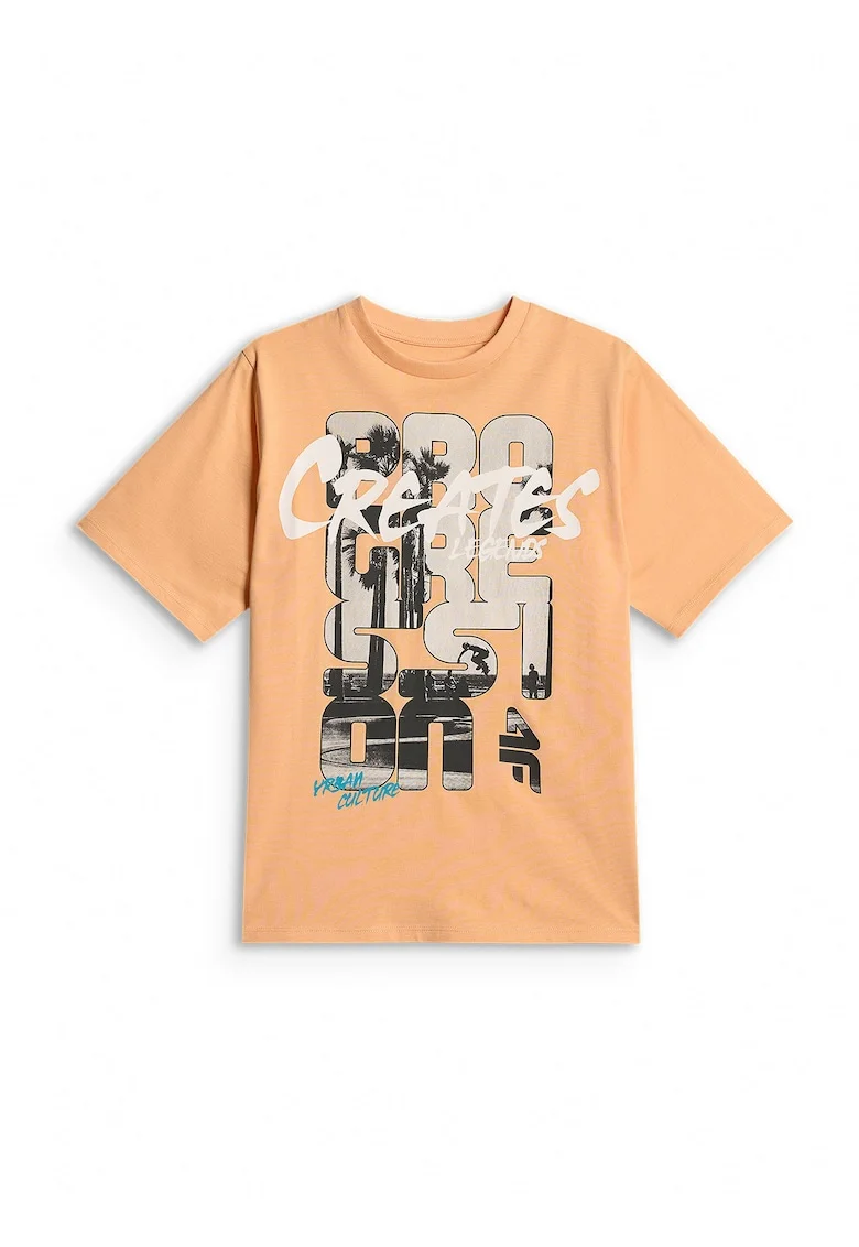Tricou sport copii  croiala lejera, imprimeu, portocaliu, bumbac