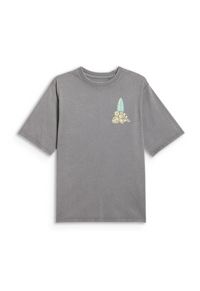 Tricou sport  pentru fete, croiala lejera, imprimeu grafic, gri, bumbac