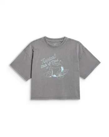 Tricou sport  crop top, pentru fete, imprimeu grafic, gri, bumbac