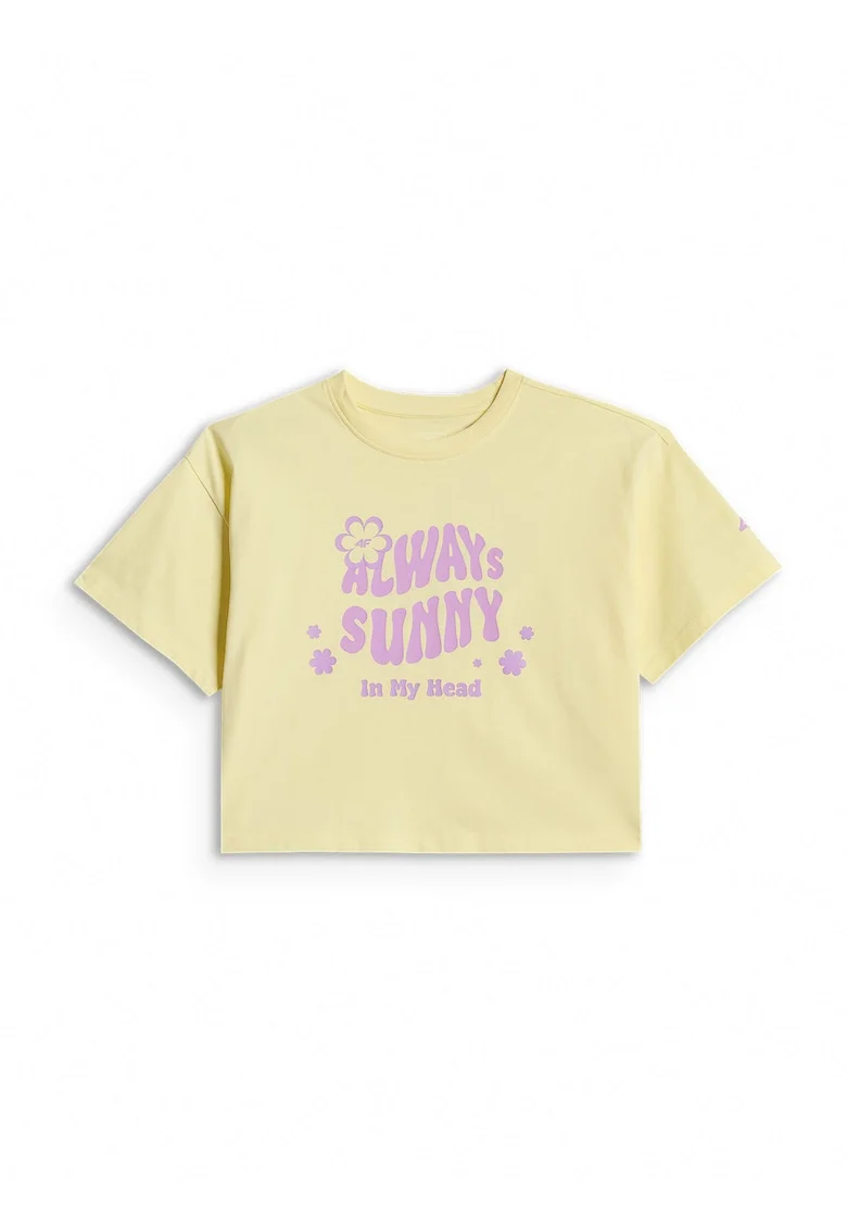 Tricou sport  pentru fete, croiala lejera, imprimeu, galben/mov, bumbac