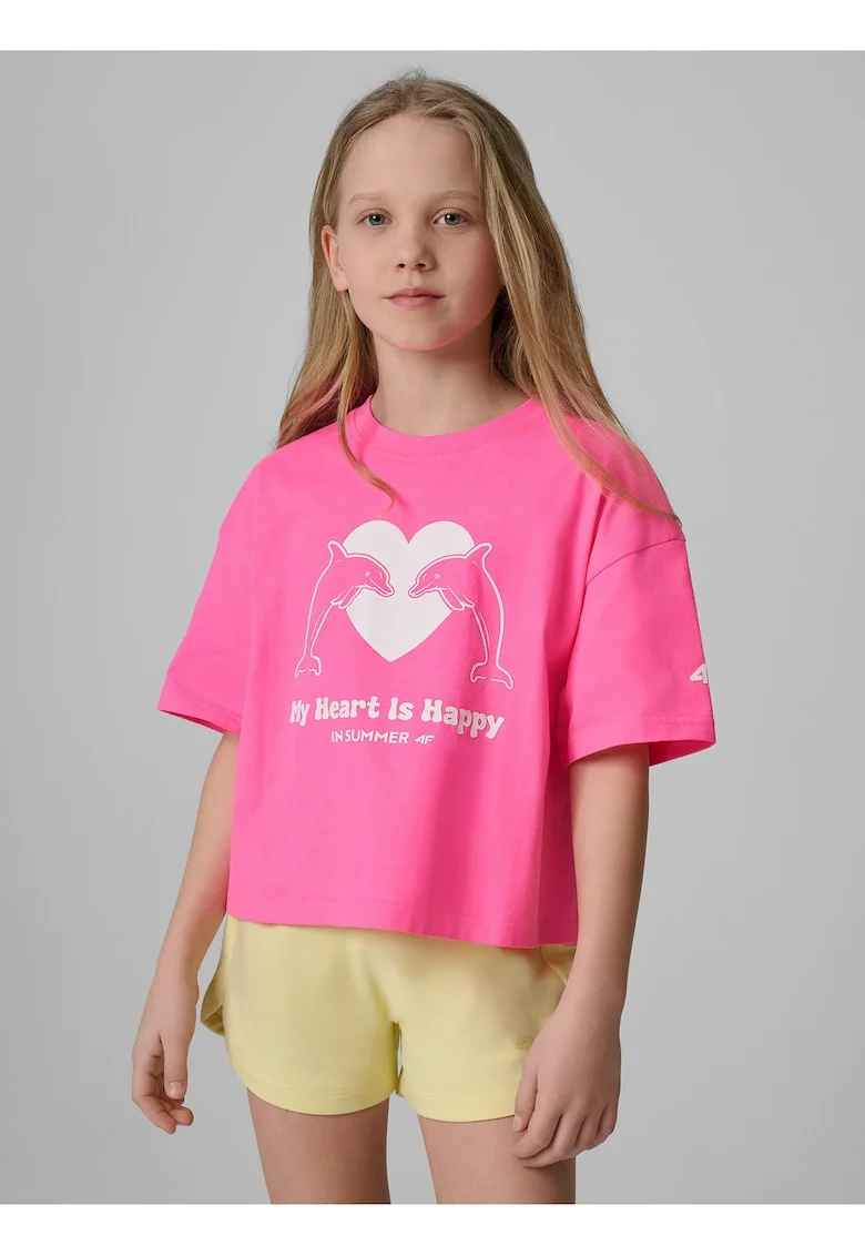 Tricou sport  pentru fete, croiala lejera, imprimeu atragator, roz/alb, bumbac