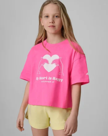 Tricou sport  pentru fete, croiala lejera, imprimeu atragator, roz/alb, bumbac