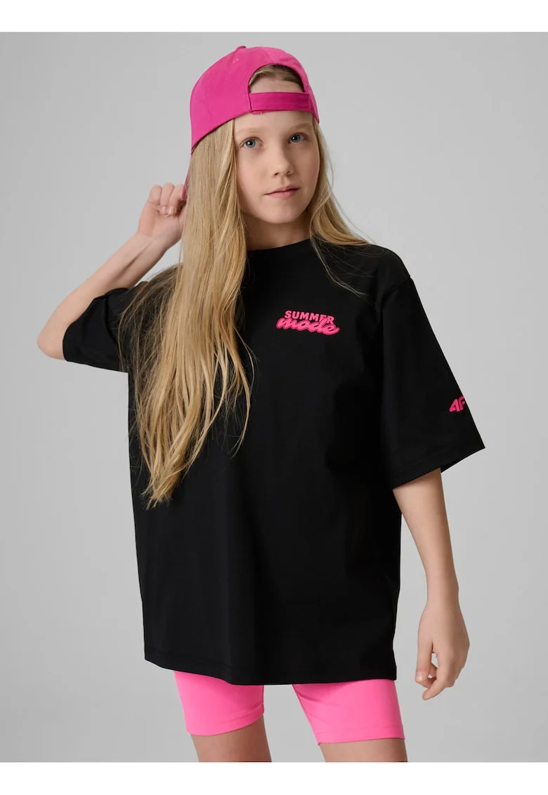 Tricou sport  pentru fete, croiala lejera, imprimeu, negru/roz, bumbac