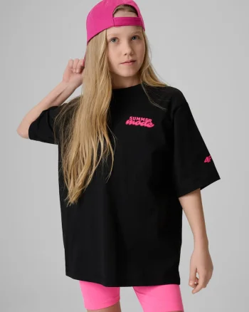 Tricou sport  pentru fete, croiala lejera, imprimeu, negru/roz, bumbac
