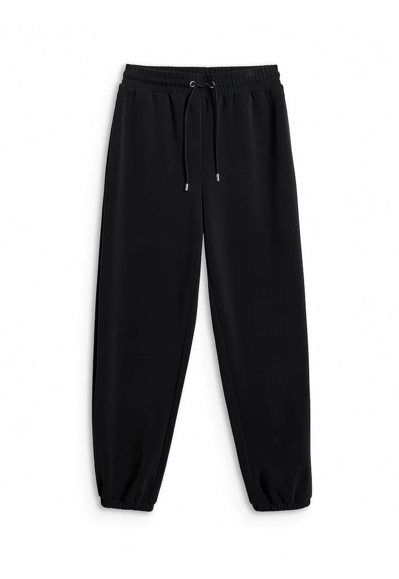 Pantaloni sport dama  picioare largi, talie reglabila, negru, modal