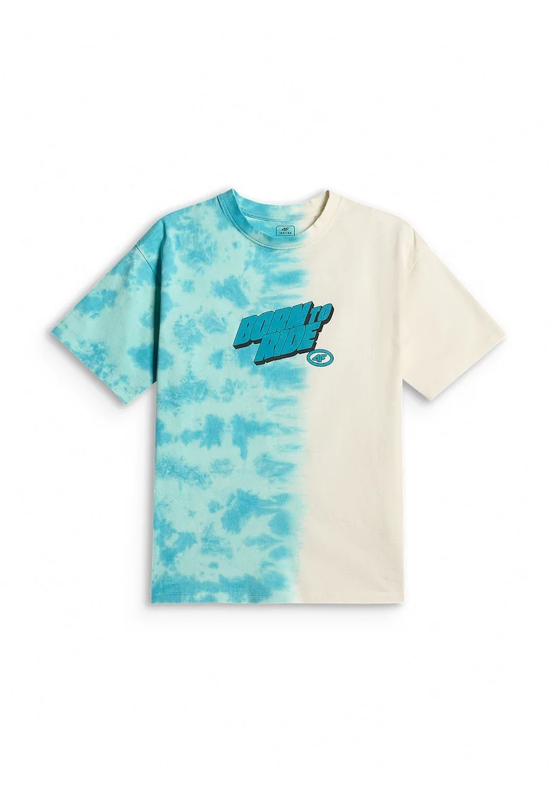 Tricou sport  baieti, croiala lejera, imprimeu dinamic, bumbac, turcoaz/alb