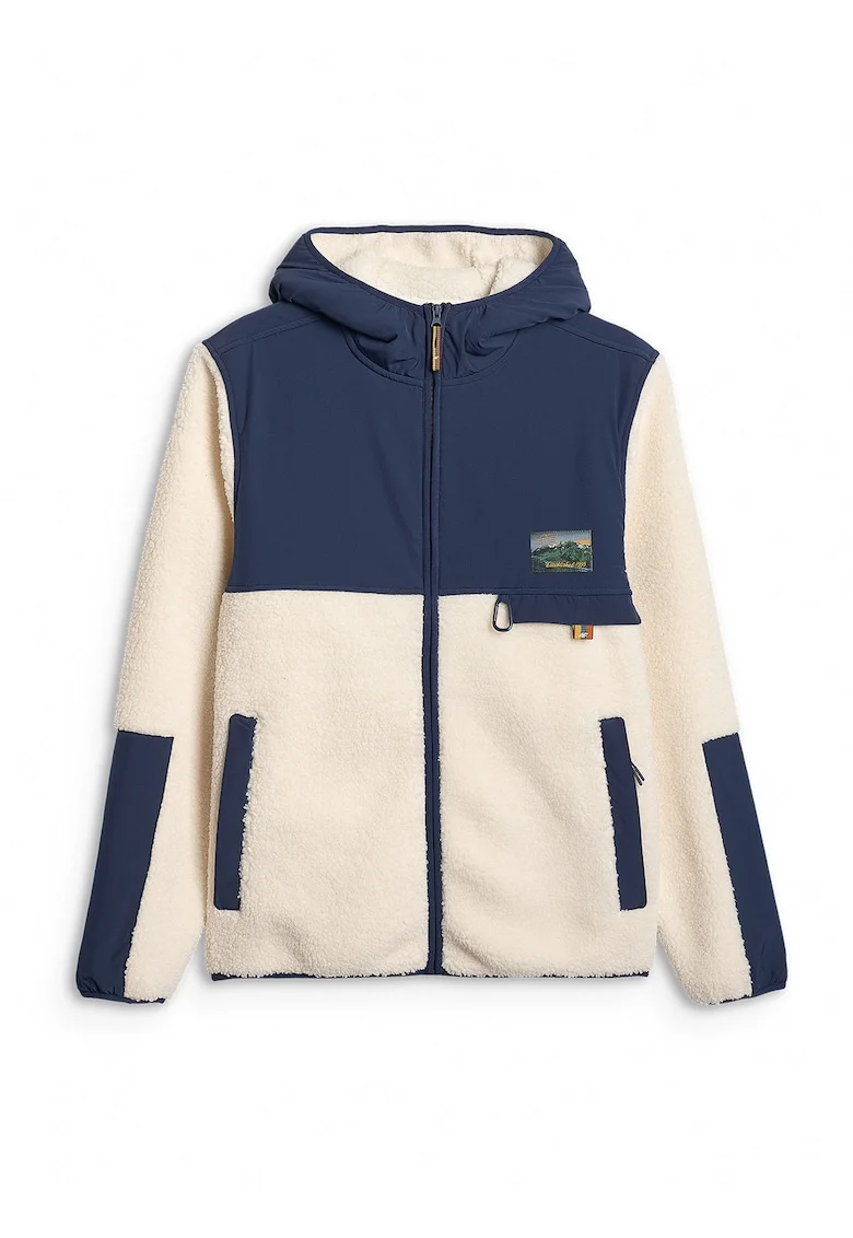 Hanorac sport barbati,  fleece, gluga, 2 buzunare, alb/albastru, poliester,