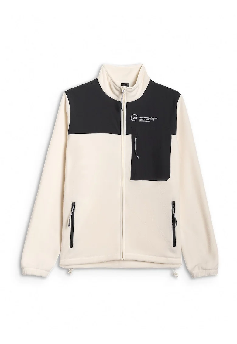 Hanorac sport  bej/negru, material poliester, guler inalt, 2 buzunare cu fermoar, pentru barbati,