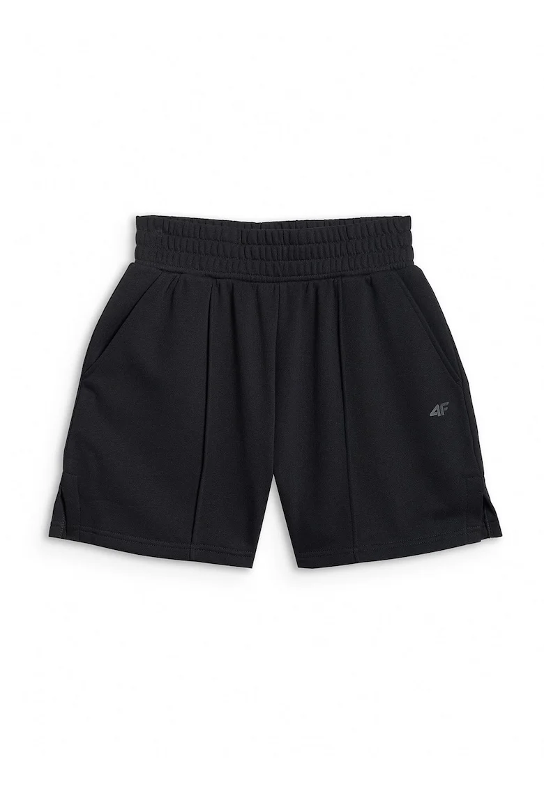 Pantaloni scurti de trening dama  negri, talie inalta, tricot moale, 2 buzunare laterale