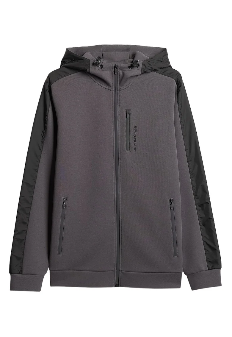 Hanorac sport barbati  regular fit, gluga ajustabila, 3 buzunare cu fermoar, gri/negru, poliester/bumbac,