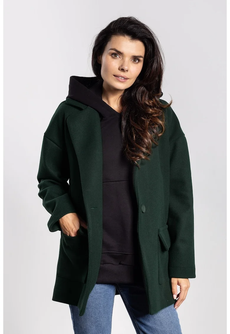 Geaca de dama,  oversize, verde sticla, poliester, cu buzunare