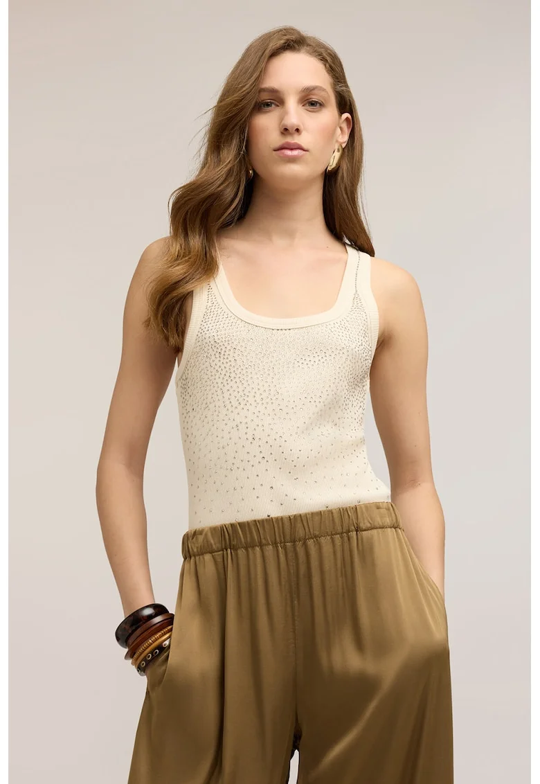Top slim fit striat cu strasuri, Crem