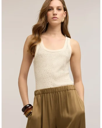 Top slim fit striat cu strasuri, Crem
