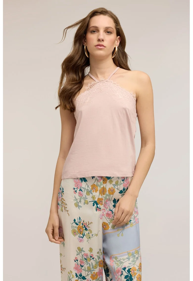 Top halter cu insertii de dantela, Nude rose