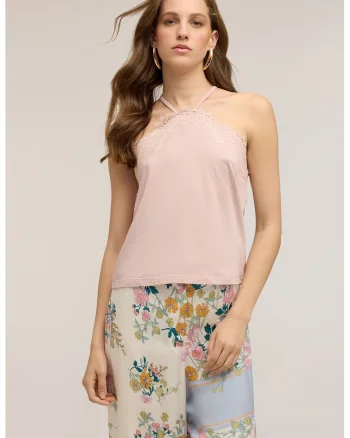 Top halter cu insertii de dantela, Nude rose
