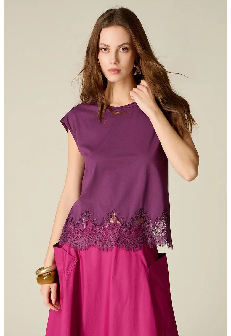 Top din amestec de modal cu aplicatie din dantela, Violet