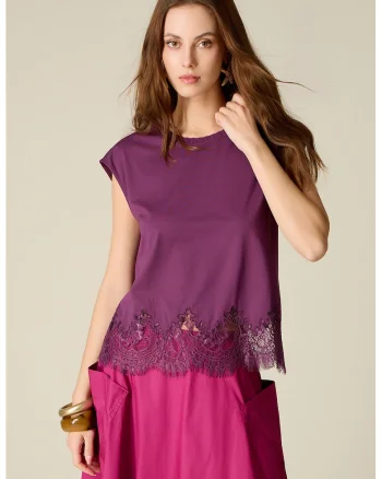 Top din amestec de modal cu aplicatie din dantela, Violet