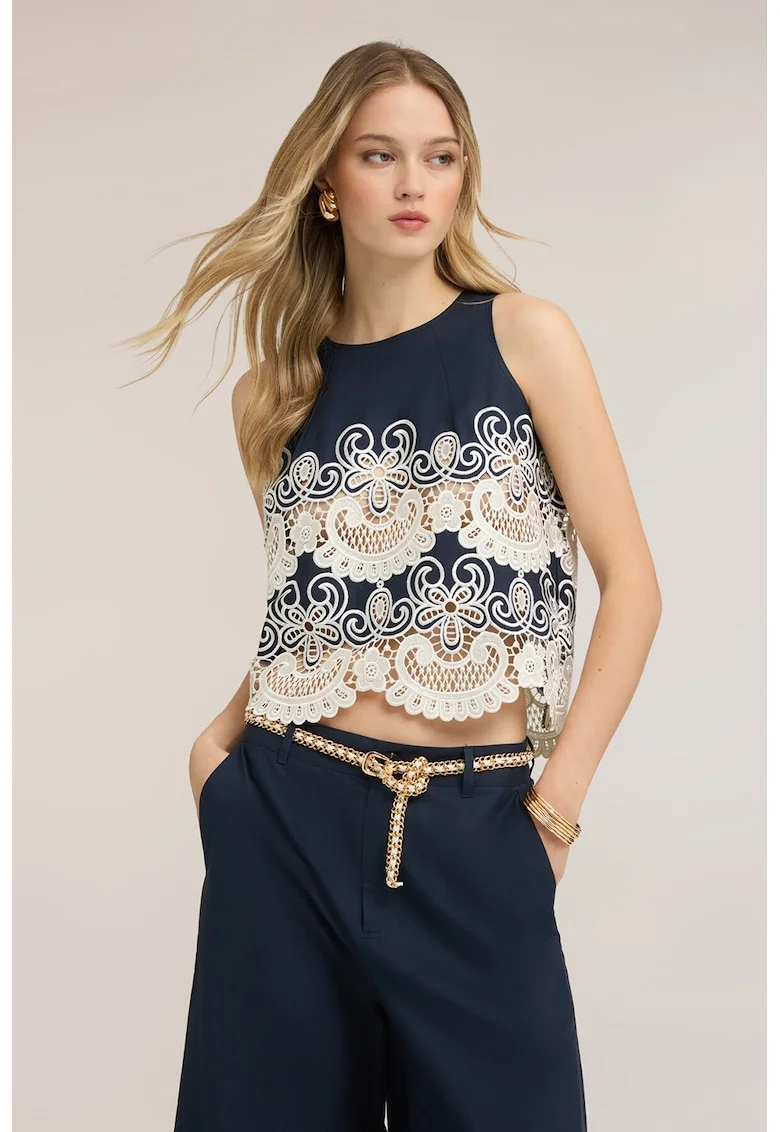 Top din bumbac cu insertii din broderie anglaise, Alb/Albastru ultramarin
