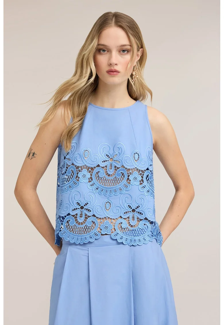 Top din bumbac cu insertii din broderie anglaise, Albastru azur