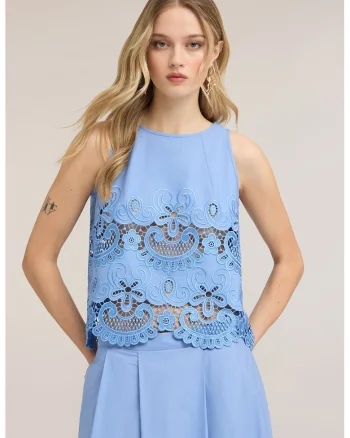 Top din bumbac cu insertii din broderie anglaise, Albastru azur