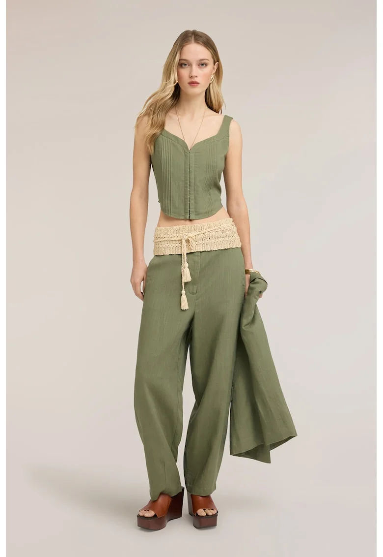 Top crop din amestec de in cu model uni, Verde fistic