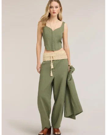 Top crop din amestec de in cu model uni, Verde fistic