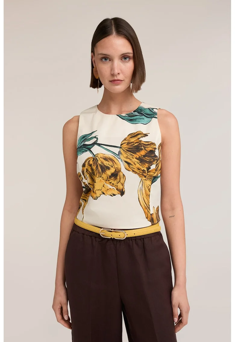 Top cu model floral, Verde/Alb fildes/Portocaliu