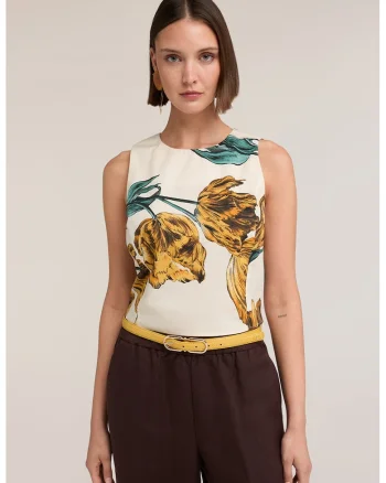 Top cu model floral, Verde/Alb fildes/Portocaliu