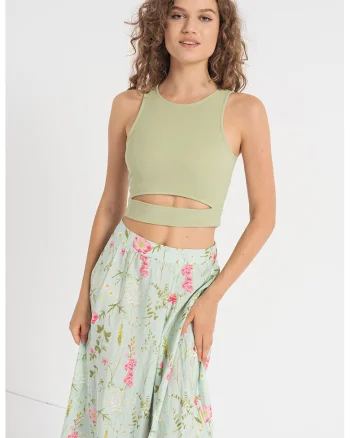 Top crop cu decupaj frontal Sara, Verde pal