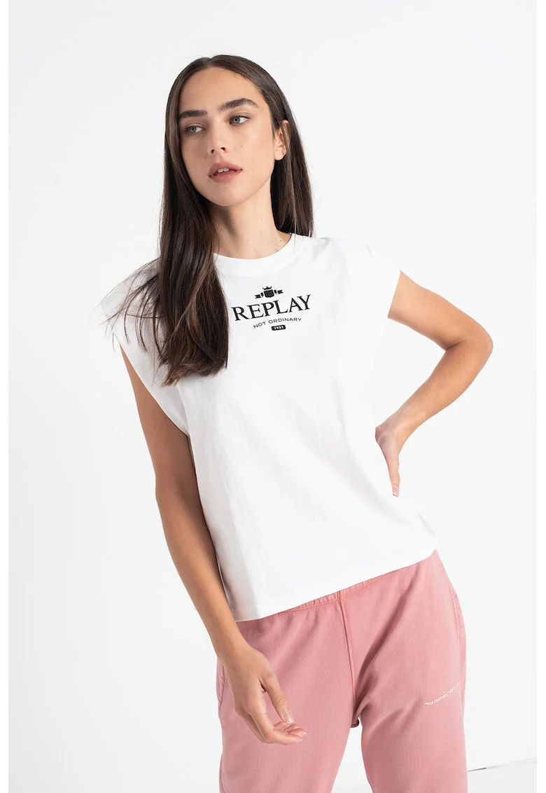 Top cu decolteu la baza gatului si logo, Negru/Alb murdar